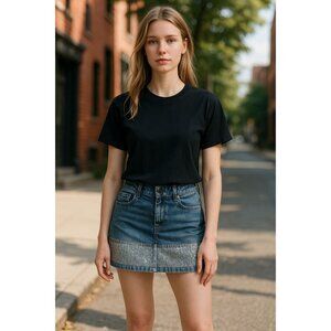 NEW Y2k Edge Womens M Denim Mini Skirt Rhinestone Trim Sparkle Bling Club party